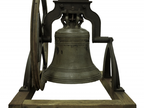 Cast iron bell in wooden cradle