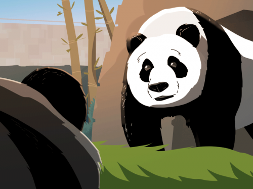 Illustration of  giant panda looking at another panda in the foreground