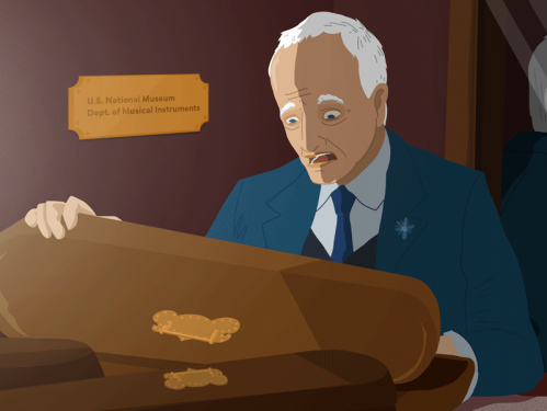 Illustration of an older man opening a violin case with a horrified expression