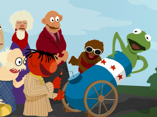 Graphic art showing various Muppets with Smithsonian building in the background