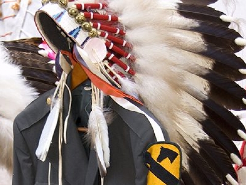 Eagle feather headdresses and uniforms at memorial