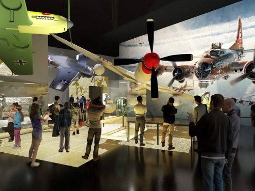 Rendering of exhibition space with a crowd of people looking at airplanes
