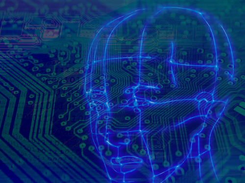 Illustration of computer motherboard and outline of a head.