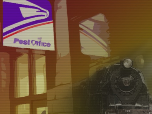 illustration post office sign and train.