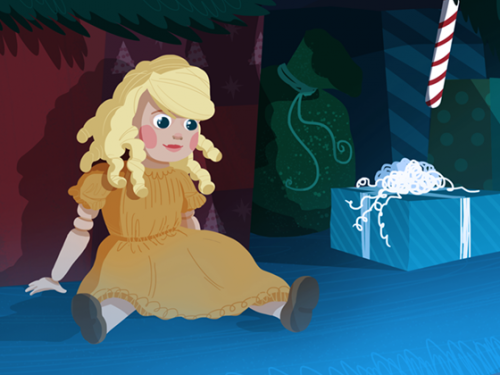 illustration of doll in front of a Christmas tree