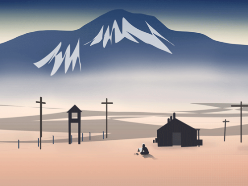 illustration of camp with mountains in the back