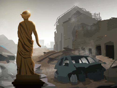 illustration depicting statue in ruins from war on Ukraine