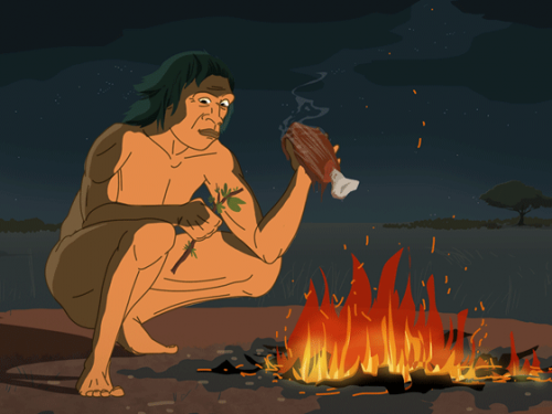 early human cooking meat by a fire