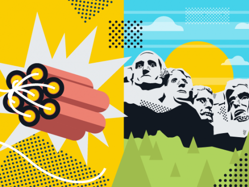 illustration on dynamite and Mt Rushmore.