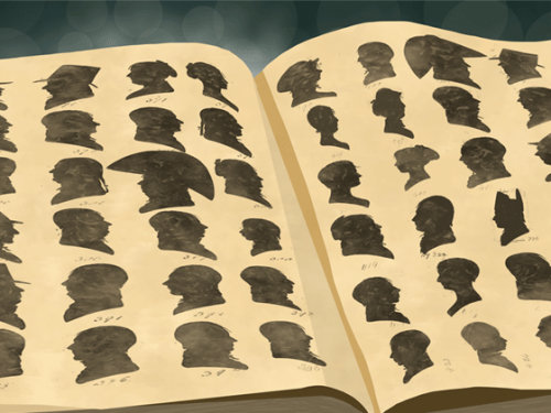 Illustration of an open book with a variety of black silhouettes. 