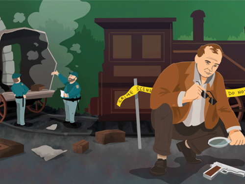 Illustration of a white man squatting and using a magnifying glass to look at a gun with a train in the background. 