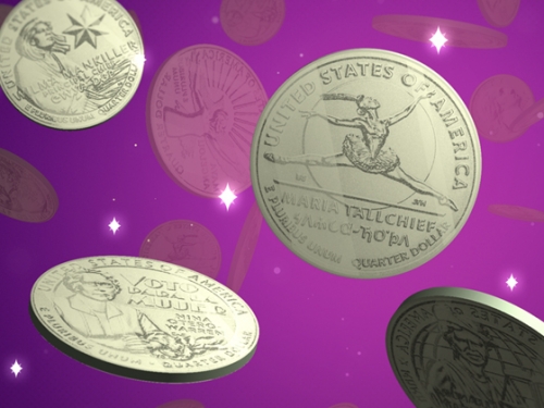 紫色背景，周围漂浮着带有插图的硬币。