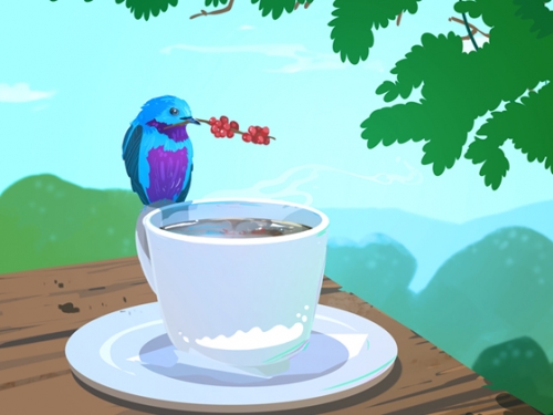 Illustration of a blue and purple bird sitting on the side of a white cup of coffee with jungle trees in background.