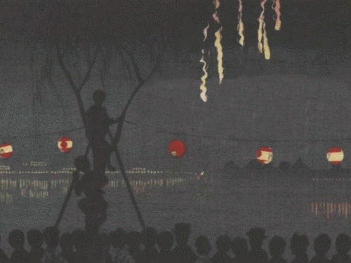 “Fireworks at Ike-no-Hata” by Kobayashi Kiyochika (Meiji era, 1881)