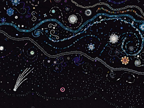 beads sewn on a black cloth with stars and the Milky Way