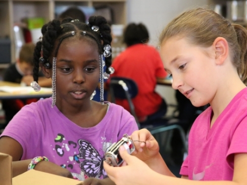 two young girls working on science project.