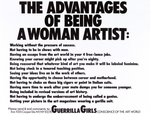 White political poster with black text. Text reads: THE ADVANTAGES OF BEING A WOMAN ARTIST