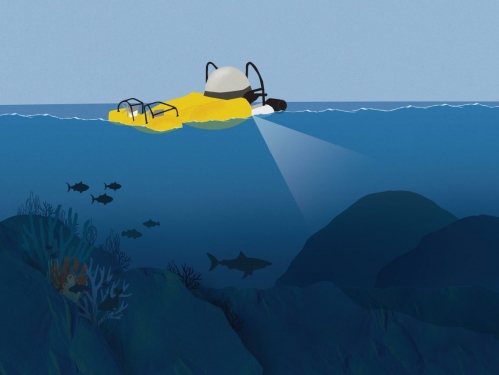 Illustration of a yellow submersible sitting in ocean and looking down on seafloor using a light.