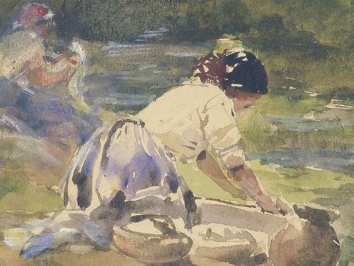 An impressionist painting showing a woman on her knees cleaning.