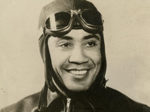 Portrait of Dale L. White Sr in flight jacket helmet and goggles.