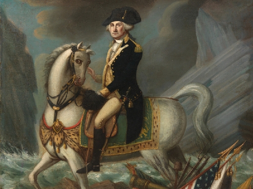 Portrait of George Washington on a white horse.