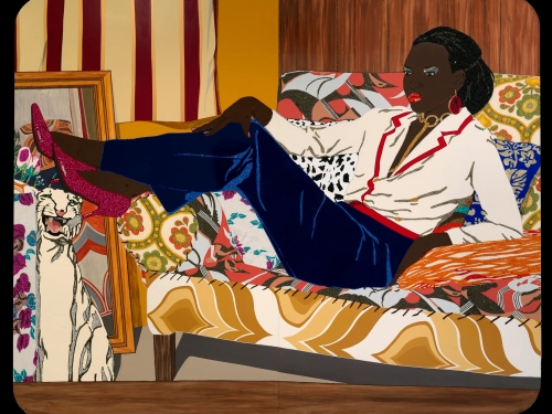 An African American woman sitting on a striped couch with her feet up. Made of rhinestones, acrylic, and enamel on wood panel.