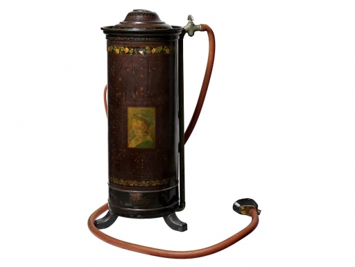 A brown circular apparatus with a tube coming from the top that goes in the mouth.