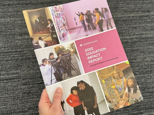 Front cover of the 2022 Education Impact Report with pink hues and a collage of photographs of museum visitors.