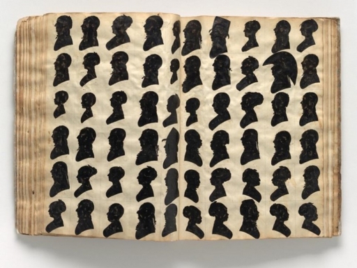 Page spread from William Bache’s Silhouettes Album, black paper-coated silhouettes mounted on paper.