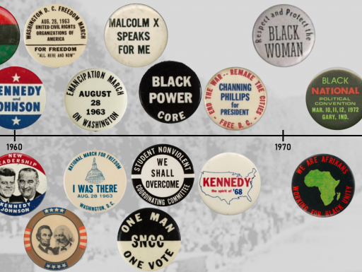 an assortment of political pushpin buttons along a timeline