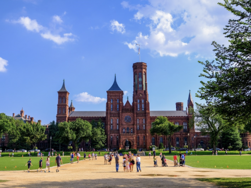 Photograph of the Smithsonian Castle with a blue sky.