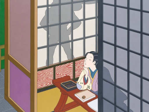 Image: a Japanese woodblock print of rice paper window, with Superman's shadow projected across