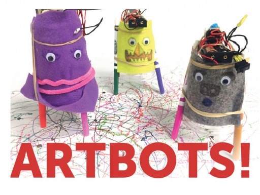 Photo: Three funny art-making robots make scribbles on paper. Text: Grades 3–5