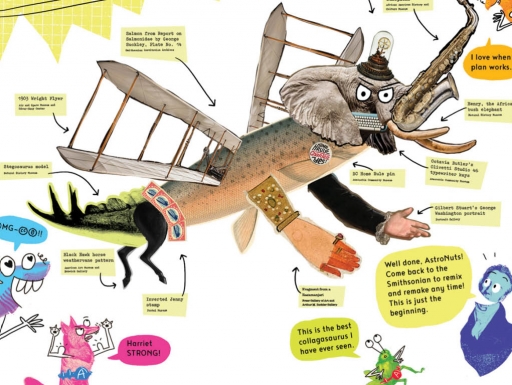 Illustration: A collaged elephant made from various museum photographs. Text: Grades 4–7