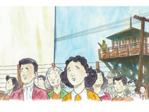 Image: Comic drawing of a group of incarcerated Japanese Americans. Text: Grades 4–8