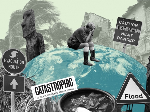 A collage of images representing climate change and cultural heritage surrounding the Earth.