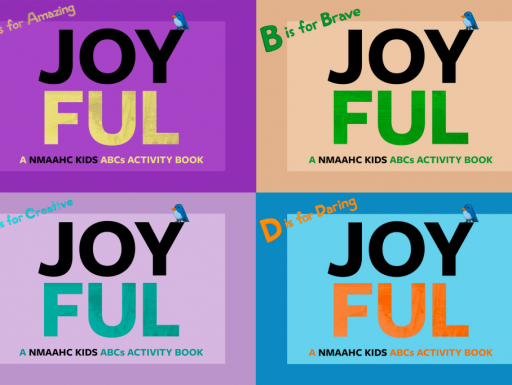 Text: Joyful ABCs in a 4x2 grid