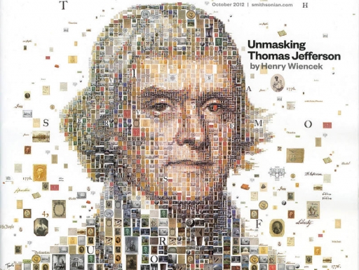 A mosaic of images that make a portrait of Thomas Jefferson.