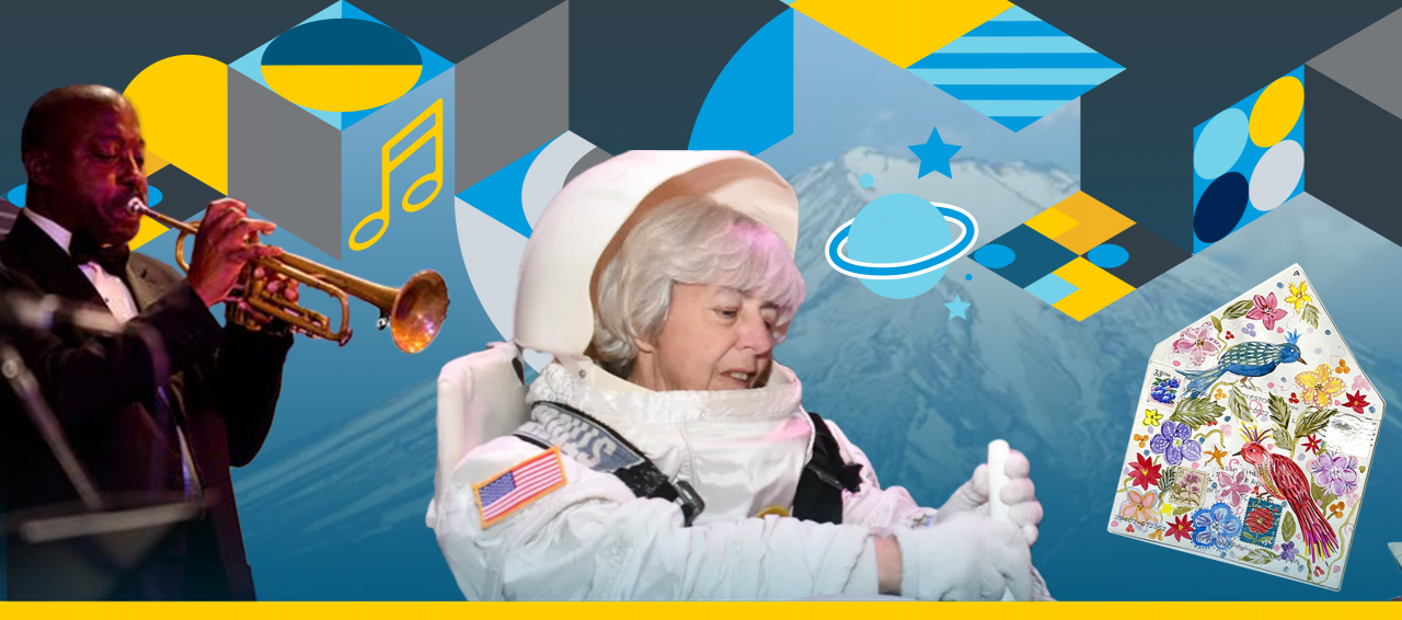 Banner Graphic: Photos of a jazz musician playing the trumpet, woman in a spacesuit, envelope artwork, and pagoda.