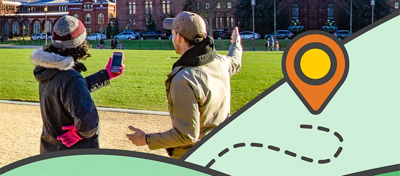 woman and man using app in front of the Smithsonian Castle