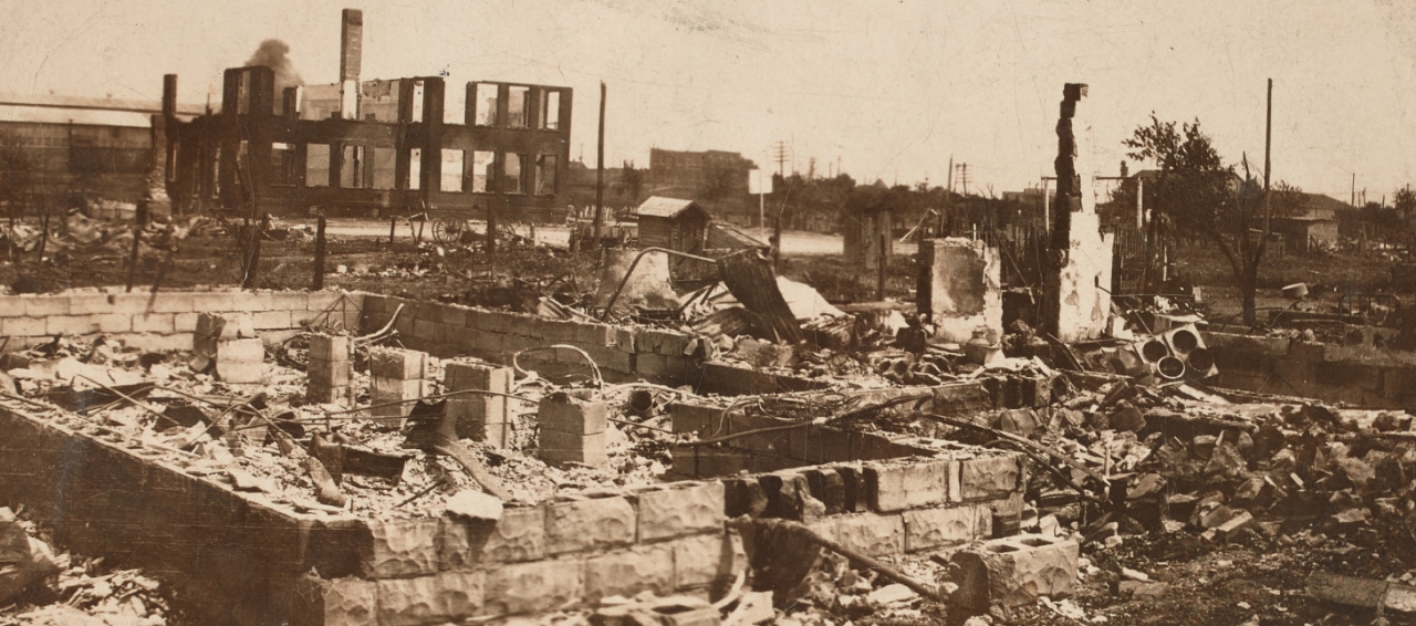 Photograph of destruction in Greenwood after the Tulsa Race Massacre