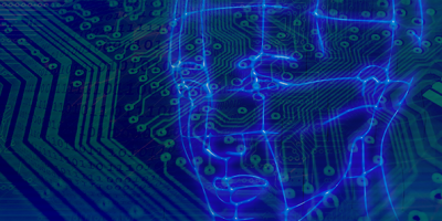 Illustration of computer motherboard and outline of a head.