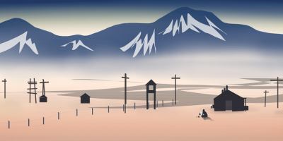 illustration of camp with mountains in the back