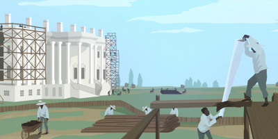 illustration of the White House shown with enslaved construction workers