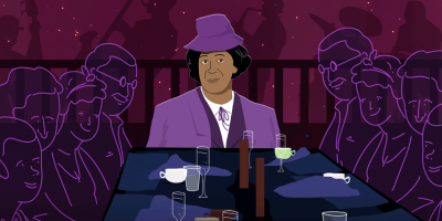 illustration of Lucy Hicks Anderson wearing a purple hat and jacket