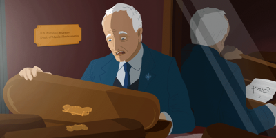 Illustrated image of a man with white hair wearing a suit and opening a violin case. 