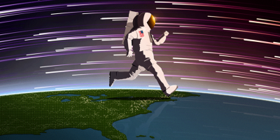 Illustration showing an oversize astronaut running over North America on a curved Earth.
