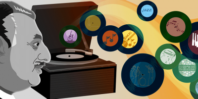 Illustration of side view of a mans face in front of a wooden record player and many records floating in the background.