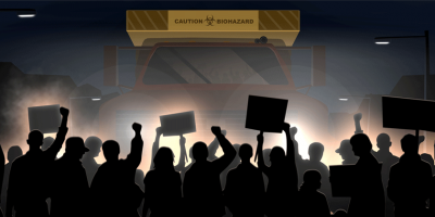 Illustration of protestors standing in front of a biohazard sign.