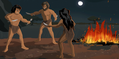 Illustration of three early humans